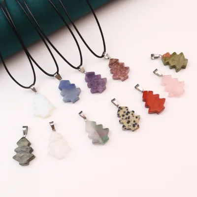 Hot-selling European American Natural Stone Tungsten Christmas Tree-shaped Amethyst Pendant Lapis Lazuli Rose Quartz Charms DIY