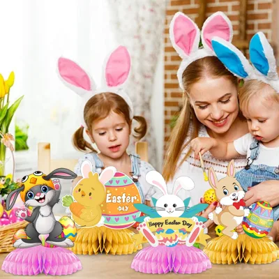 4-Piece Easter Party Decoration Set Rabbit Easter Egg & Honeycomb Ball Pendant for Desktop Layout or Garden Packaged in Bag