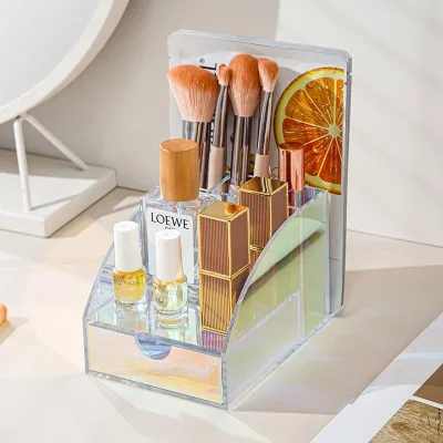 Clear Acrylic Desk Organizer with Drawer Standing Type Office Supplies Storage Holder for Living Room Organization