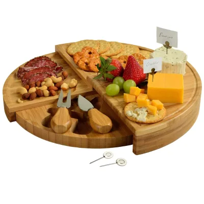 Bamboo Cheese Board Set with Knives for Cheese and Markers Stores As a Compact Wedge
