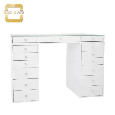 Nail bar Table Manicure Modern with Nail Tech Table Glass with Drawers for Professional Nail Tables with Led Mirror