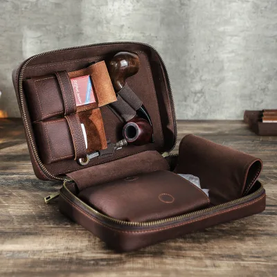 Vintage Full Grain Leather Zipper 2-Pipe Pouch Case Dual-Lighter Tobacco Organizer Travel Smoking Accessories