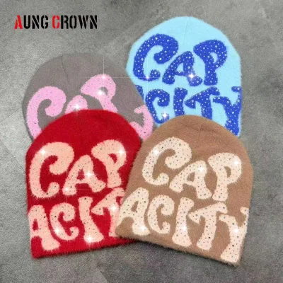 Wholesale Custom Your Own Logo Jacquard Y2k Beanie Manufacturer Custom No Cuff Rhinestone Beanies