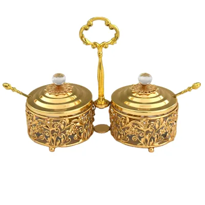 Indian Kitchen Decorative Metal Gold Glass Sugar Canister Spice Jar with Lid for Wedding Party