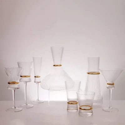 Upscale Golden Waist Ribbed Clear Glass Wine Decanter and Cups for Wedding Dinner Table Decor