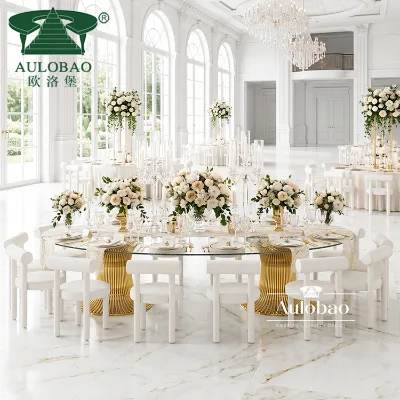 Custom Event Hall Reception Furniture Stable Gold Metal Wire Base Large Party Outdoor Hotel Oval Dining Table Set