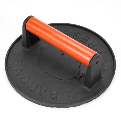 Cast Iron Meat Press with Manual Non-stick Coating-free Hamburger Pressing Plate in square and Round Shapes Made of Wood Handle