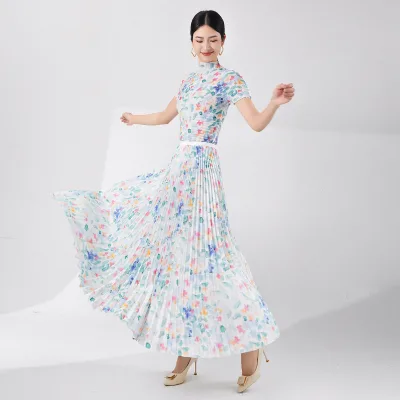 Miyake Vintage Casual Suit Women's Summer High-end Printed Short-sleeved T-shirt Slim Pleated Ankle Skirt 2-piece Set