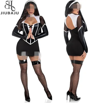 Halloween Women Faux Leather Costume Cosplay Night Club Nun Maid Long Sleeves Hollow Out Tops Short Skirt With Turban Uniform