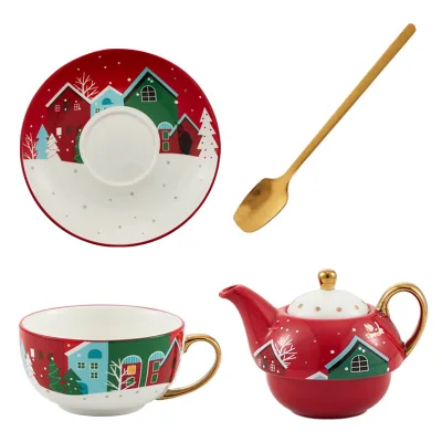 Hot Selling Christmas Gift Ceramic Cup and Saucer Featured Gilded Teapot Cup Set OEM