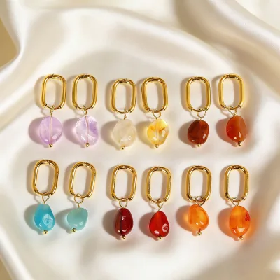 Wholesale Stainless Steel Natural Oval Gemstone Pendant Earrings 18K Gold Plated Hoop Earrings for Women