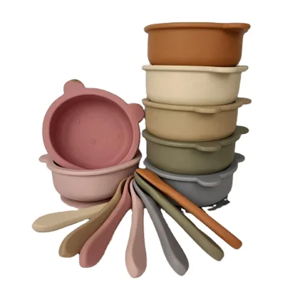 2PC Bear Bowl Suction Bottom Silicone Bowl With Spoon Set Food Grade Safety Baby Feeding Plato BPA Free