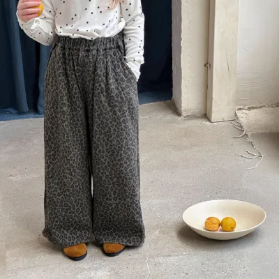Girls' Cotton Leopard Print 2025 Autumn Winter Korean Style Children's Retro Loose Wide Leg Casual Pants