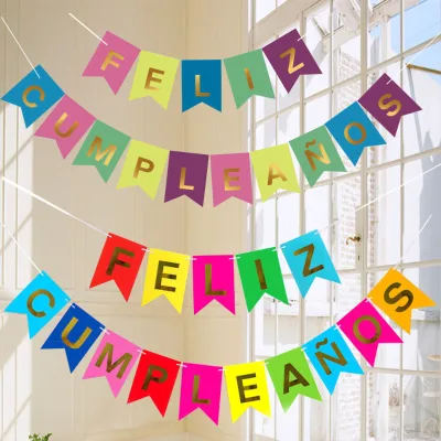 New Cross-border Spanish Happy Birthday Gold-Embossed Multicolor Large Paper Fishtail Banner Birthday Party Decorations