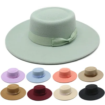 Customized Women Fedora Flat Top Hat Wide Brim Pork Pie Fashionable Cotton Screen Printed Ribbon & Rope Winter Outdoor Parties