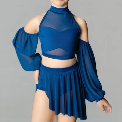 Custom Girls Contemporary Dance Costume High Neck Mesh Crop Top and Asymmetrical Skirt Set Lyrical Performance Outfit