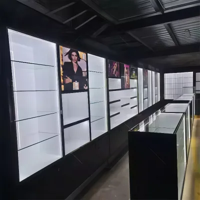 High Quality Wooden Perfume Kiosk Designs for Malls & Retail Stores with Built in Lights