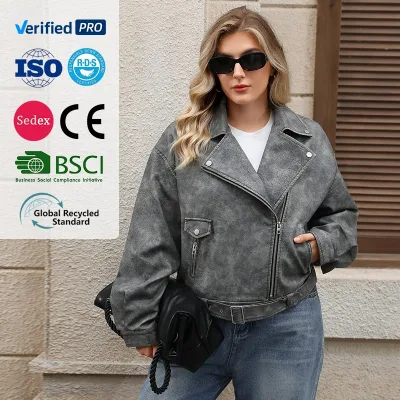 Zip up Motorcycle Short PU Moto Biker Outwear Fitted Coat Women's Faux Leather Jackets