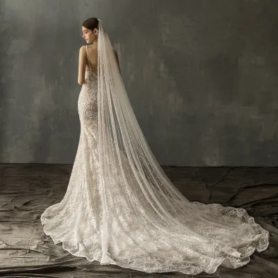 European Bride Church Wedding Veil New Hand-sewn Hair Comb Pearl Long Trailing Soft Veil Wholesale