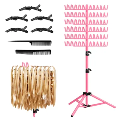 Pink Metal Wig Drying Stand Tripod Adjustable Height Folded Standing Holder for Salon Styling Display & Storage