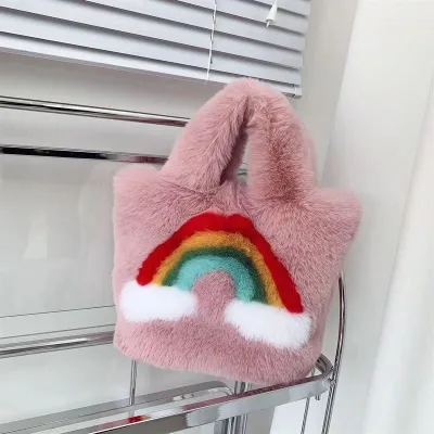 Autumn and Winter New Cute Rainbow Plush Bag Women's Fashion Handheld Plush Bag Large Capacity Chain One Shoulder Crossbody Bag
