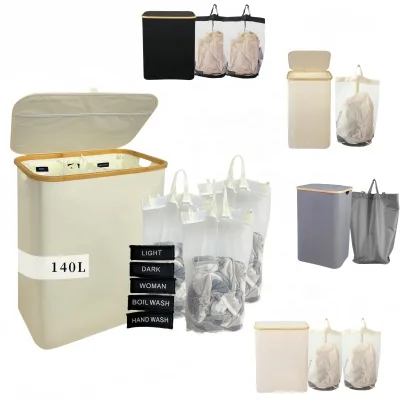Wholesale Large Capacity Foldable Lidded Laundry Hamper | Bamboo Handle Detachable Mesh Sorting Bag | Space Saving Durable