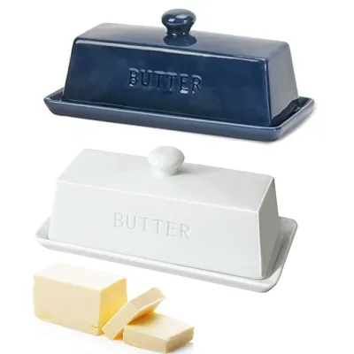 Kitchen Countertop Storage Container Nordic Simplistic Tableware Deep Blue & White Ceramic Butter Dish With Cover Lid