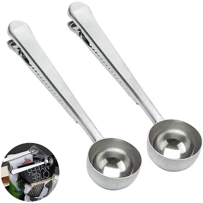 Coffee Spoon Stainless Steel Long Handle Measuring Scoop With Bag Sealing Clamp Food Bagged Clip Milk Powder Measuring Spoon