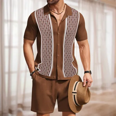 2025 Trend Print Knitted Men's Clothing Summer Knitwear Polo Shirt Shorts Two Piece Sets