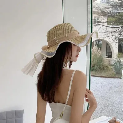 New Foldable Wide-brimmed Girl Straw Pearl Hat Beach Wave Hat Uv Travel Hat Lady Beach Hat Birthday Gift