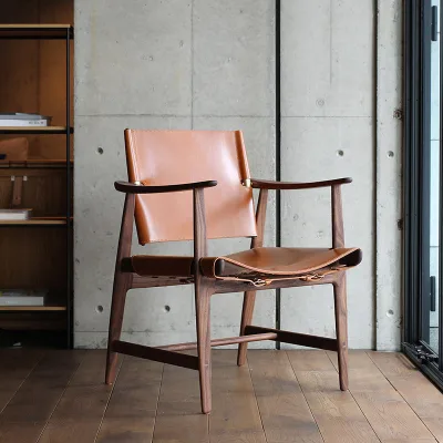 Sling Leather Armchair with Saddle Stitching Cognac Solid Wood Frame Wabi Sabi for Living Room Study Apartment Japandi Sessel