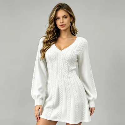 2026 Fall Winter Vintage Women's Cable Knit V Neck Waist Cinch Petite Lantern Sleeve a Line Short Sleeve Dress Custom OEM ODM
