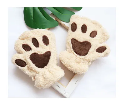 Cartoon Winter Gloves Women's Bear Plush Cat Paw Claw Gloves Cute Short Fingerless Fluffy Bear Claw Mittens for Girls Gift Party
