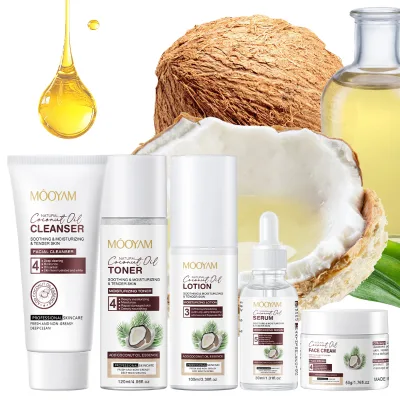 MOOYAM Coconut Oil Skincare Set Box Including Face Toner Serum Cream Lotion Facial Cleanser Moisturizing Hydrating Skincare Set