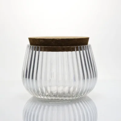 Custom Decorative Transparent Small Round Ribbed Lass Jar Storage Containers Set with Cork Lids