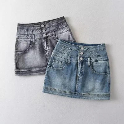Women's Vintage Denim Mini Skirt Cute Casual Streetwear with Logo on Waist Short & Skinny for Spring & Autumn