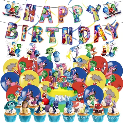 Inside Out 2 Birthday Flag Banner Cake Topper with Balloons Sets for Kids Birthday Party Decoration