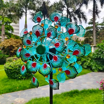 Yard Art Solar Powered Light Glass Ball Kinetic Peacock Wind Spinner