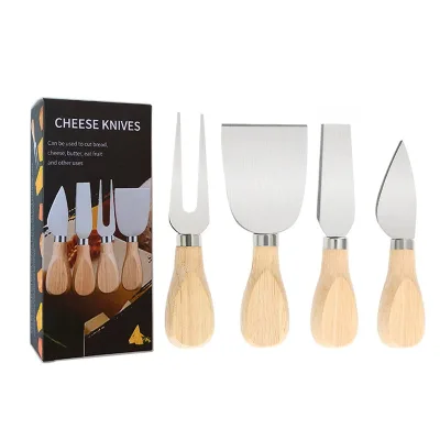Custom logo 4 6 Pcs Stainless Steel Mini Butter Cheese Board Spreader Cutter Fork Wooden Handle Cheese Knife Set for Bamboo