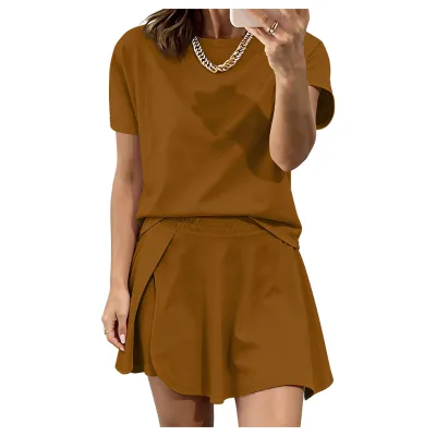 Trendy Women's Casual 2 Piece Outfit Short Sleeve Crew Neck Top and Side Split Skort Set Summer Wear