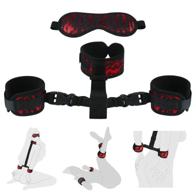 New Adjustable Neck-to-wrist Restraints Including Back Handcuffs Collar and Blindfold BDSM Couples' Bed Sex Game Bondage Set.
