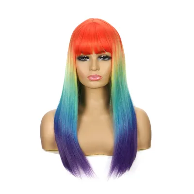 Wig Woman Flat Bangs Gradient Hair Long Straight Curls PROM Party Dyed Wig Head Cover