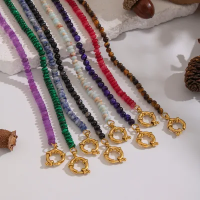 Retro Palace Style Natural Stone Beaded Necklace Stainless Steel Waterproof Sailor Buckle Pendant Waterproof and Non-fading