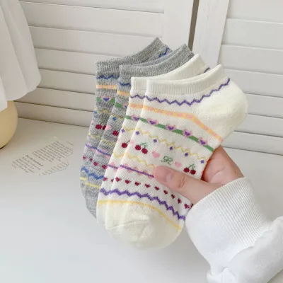Women'S Ankle Socks Pink Gray Fair Isle Cherry Bow Striped Elegant Japanese Style Ins Comfortable Breathable Socks