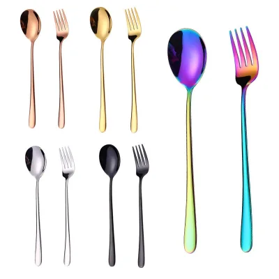 Stainless Steel Dessert Coffee Espresso Spoons Forks Mini Fruit Cocktail Salad Cake Korean Round Soup Long Handle Tableware Set