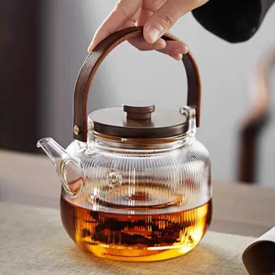 Clear Glass Big Teapot with Bamboo Handle Transparent Glass Pot for Tea & Kettles