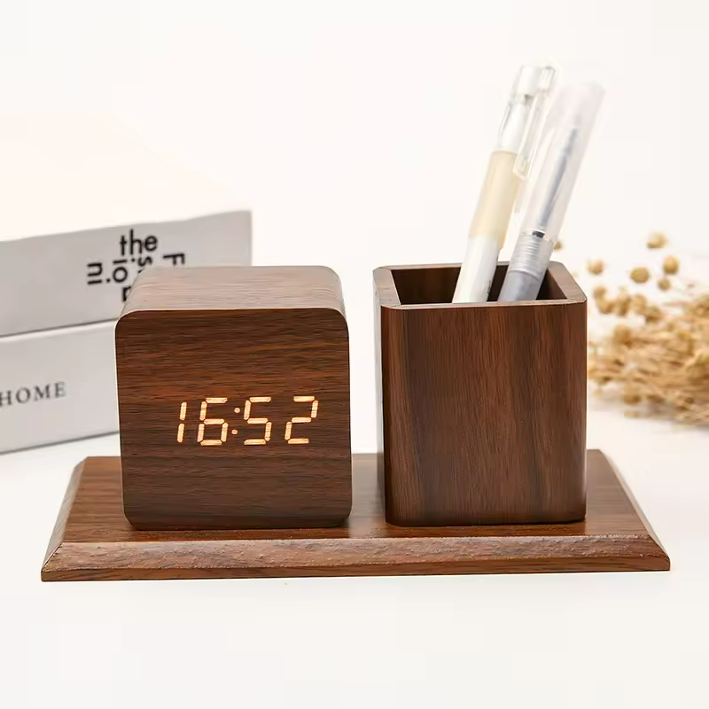 Wooden Clock Pen Holder, Led Digits Light Acoustic Sound Control Thermometer Desk Table Alarm Clock For Office Studuet New Gift/