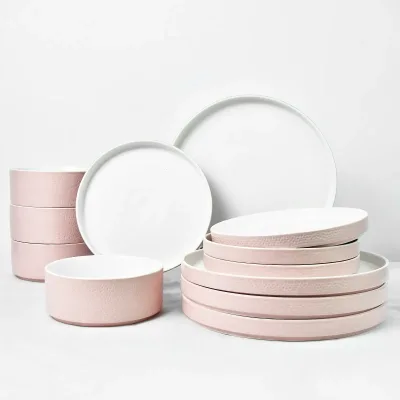 Home High Grade Modern Luxury Pink Porcelain Dinnerware Crockery 12-Piece Set with Utensils for Party Use