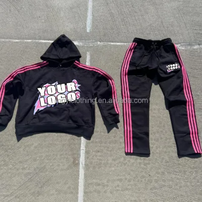 Hip Hop Custom Printed Men's Boxy 100% Cotton Terry Fleece Side Stripe Sweatpants and Hoodies Set Sweatsuit
