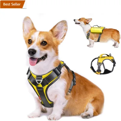 Multi-Functional No-Pull Pet Vest Harness with Saddle Bags Backpack Leash Clip Soft Padded No-Choke Dog Vest Heavy Duty Harness